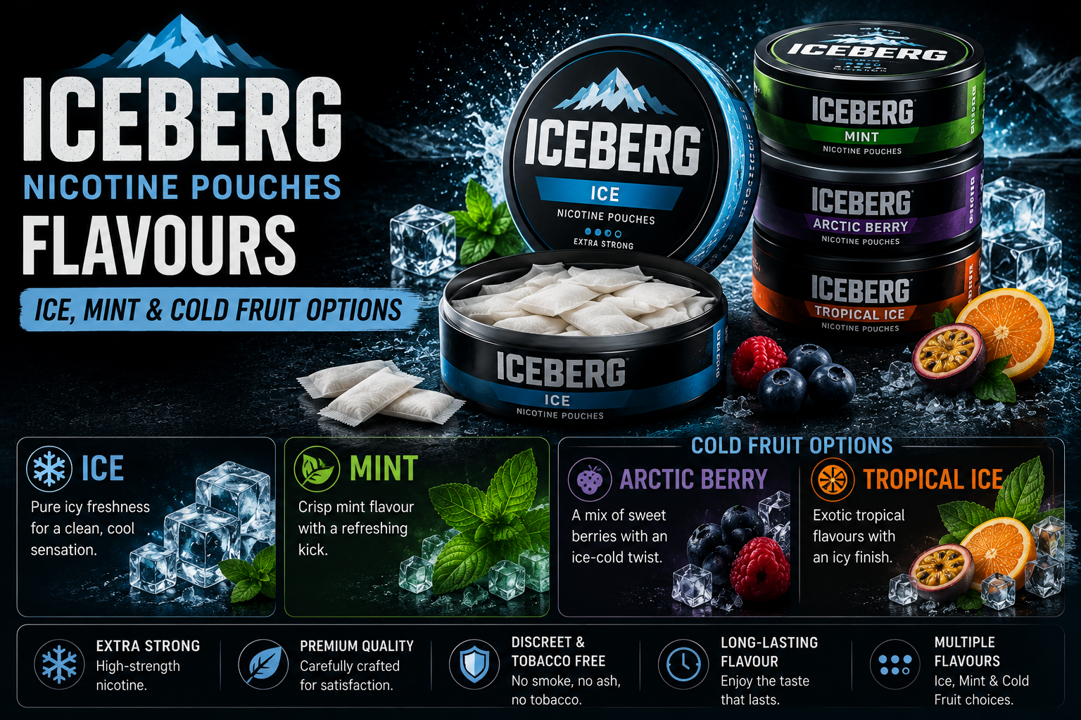 Iceberg Nicotine Pouches Flavours: Ice, Mint and Cold Fruit Options
